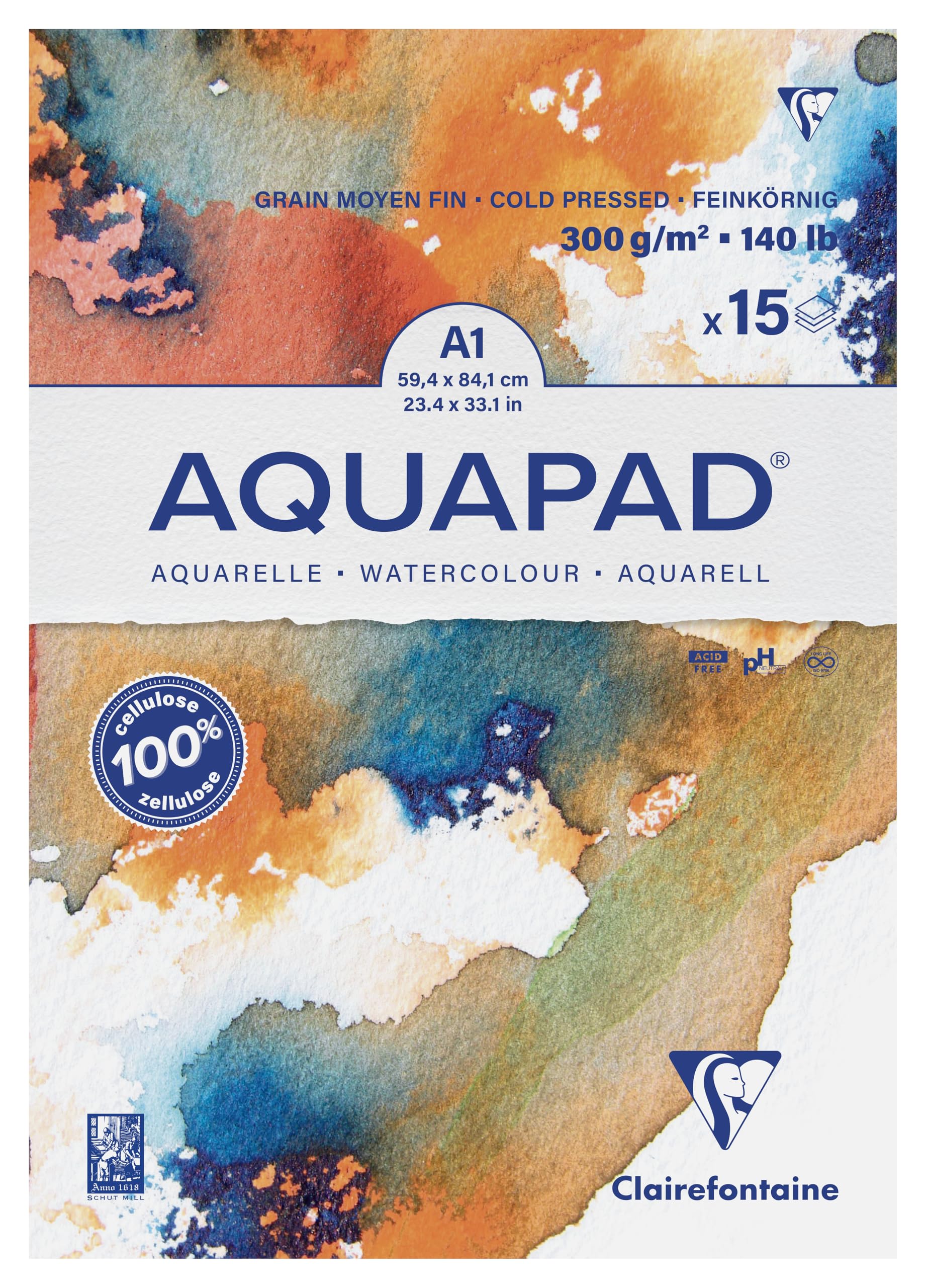 Clairefontaine 975724C Goldline Aquapad Glued Pad - 15 Sheets of Medium-Fine Grain White Watercolour Paper A1 59.4 x 84 cm 300g - Ideal for watercolour