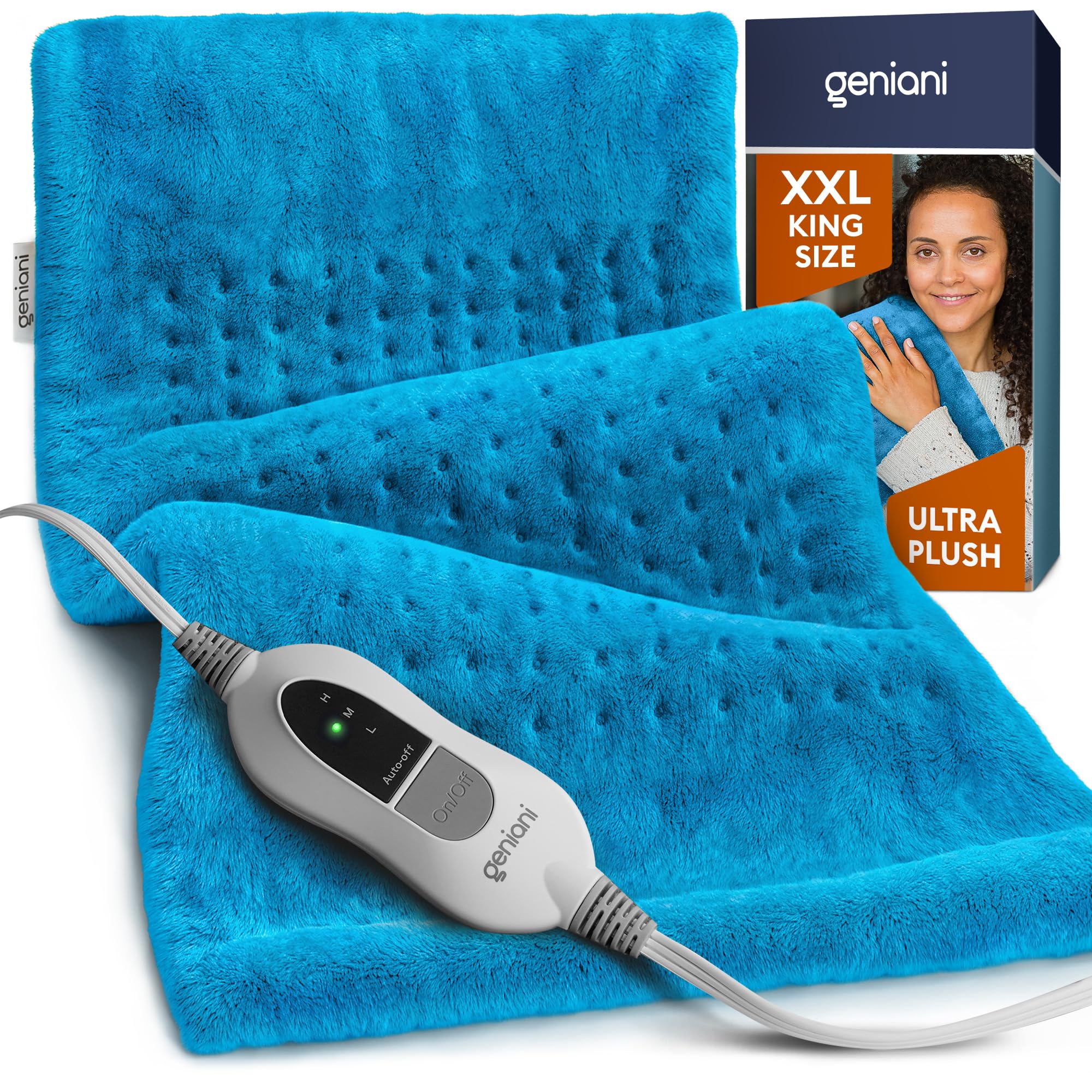 GENIANI XXL Heating Pad for Back Pain & Menstrual Pain Relief, Electric Throw Auto Shut Off, Machine Washable, Moist Heat Pad for Neck and Shoulder, Cramps Relief, Aqua Blue 18'‘×26’’