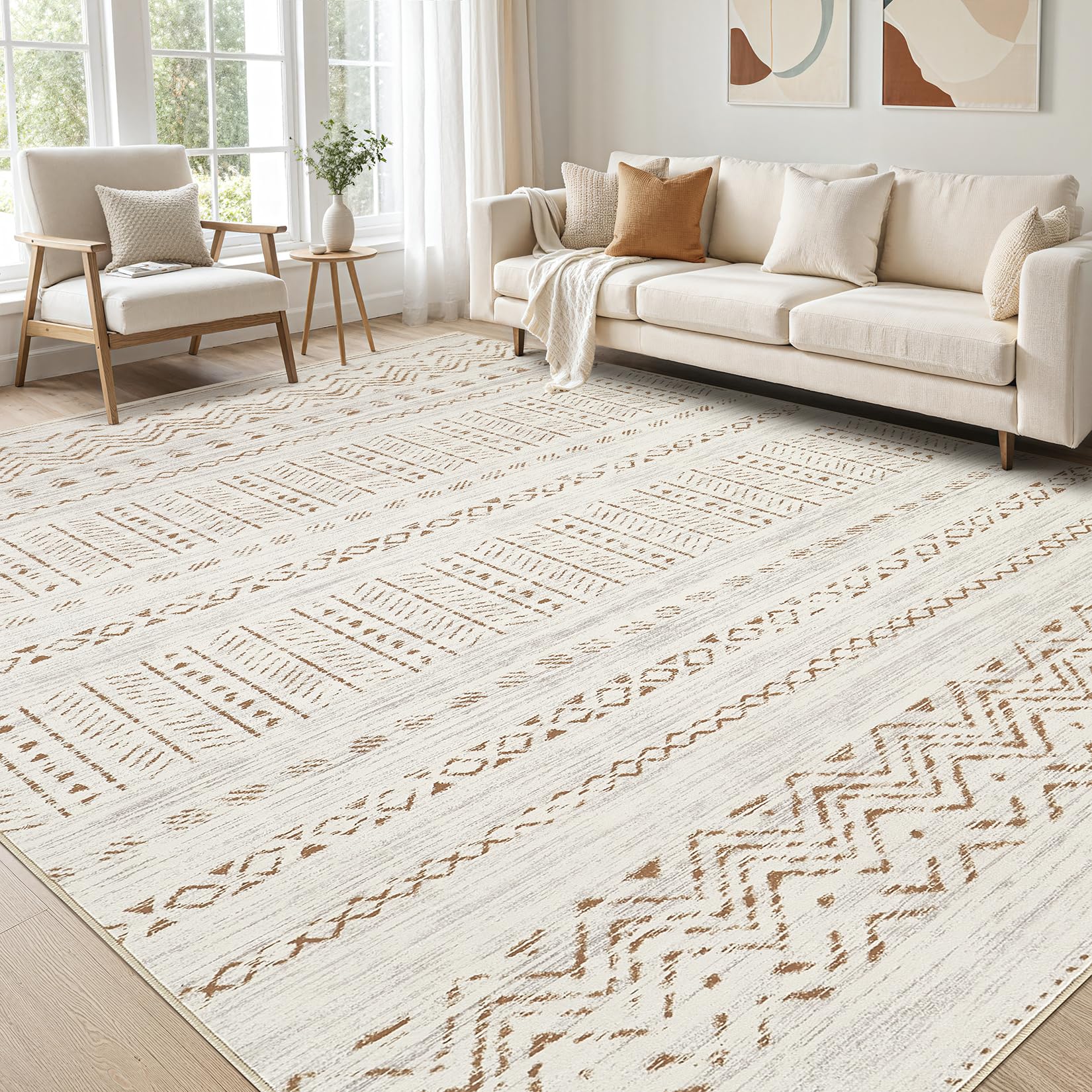 cotiled 5x8 Area Rug for Living Room, Washable Non-Slip Large Area Rug, Indoor Floor Carpet Low Pile Soft Boho Farmhouse Rug for Bedroom Dining Room (Cream Brown,5'x8') Image