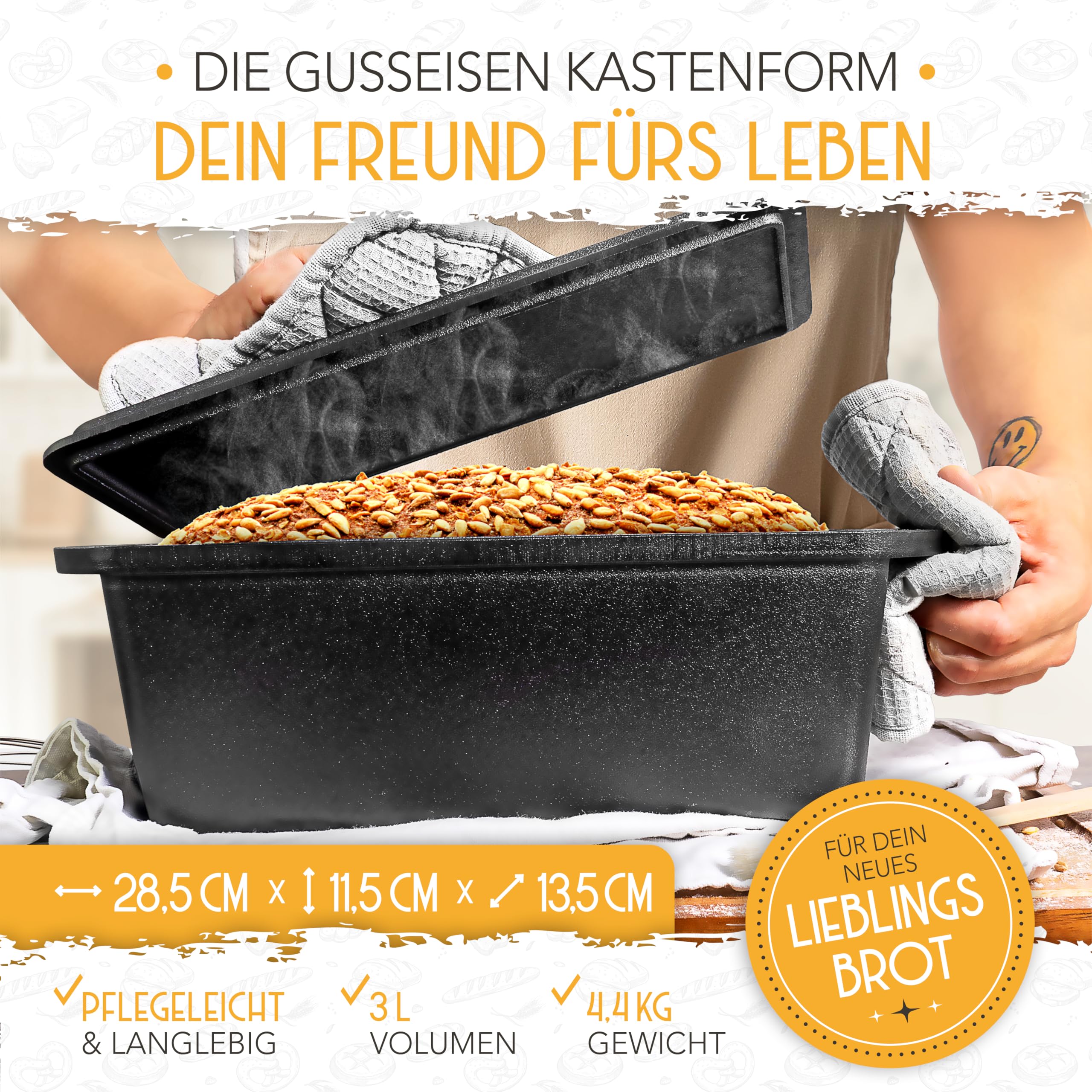 KRUSTENZAUBER Brotbackform mit Deckel inkl. Gärkorb - Robuste 28cm Backform aus Gusseisen - Ideal als Kastenform, Toastbrot Backform, Brotform, Gusseisen Topf Brot backen Zubehör, Brottopf 5