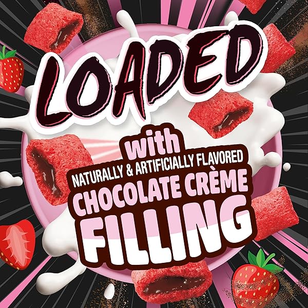 CHOCOLATE STRAWBERRY LOADED CEREAL, CRISPY CEREAL WITH NATURALLY AND ARTIFICIALLY FLAVORED CHOCOLATE CREME FILLING, MADE WITH WHOLE GRAIN, 15.6 OZ