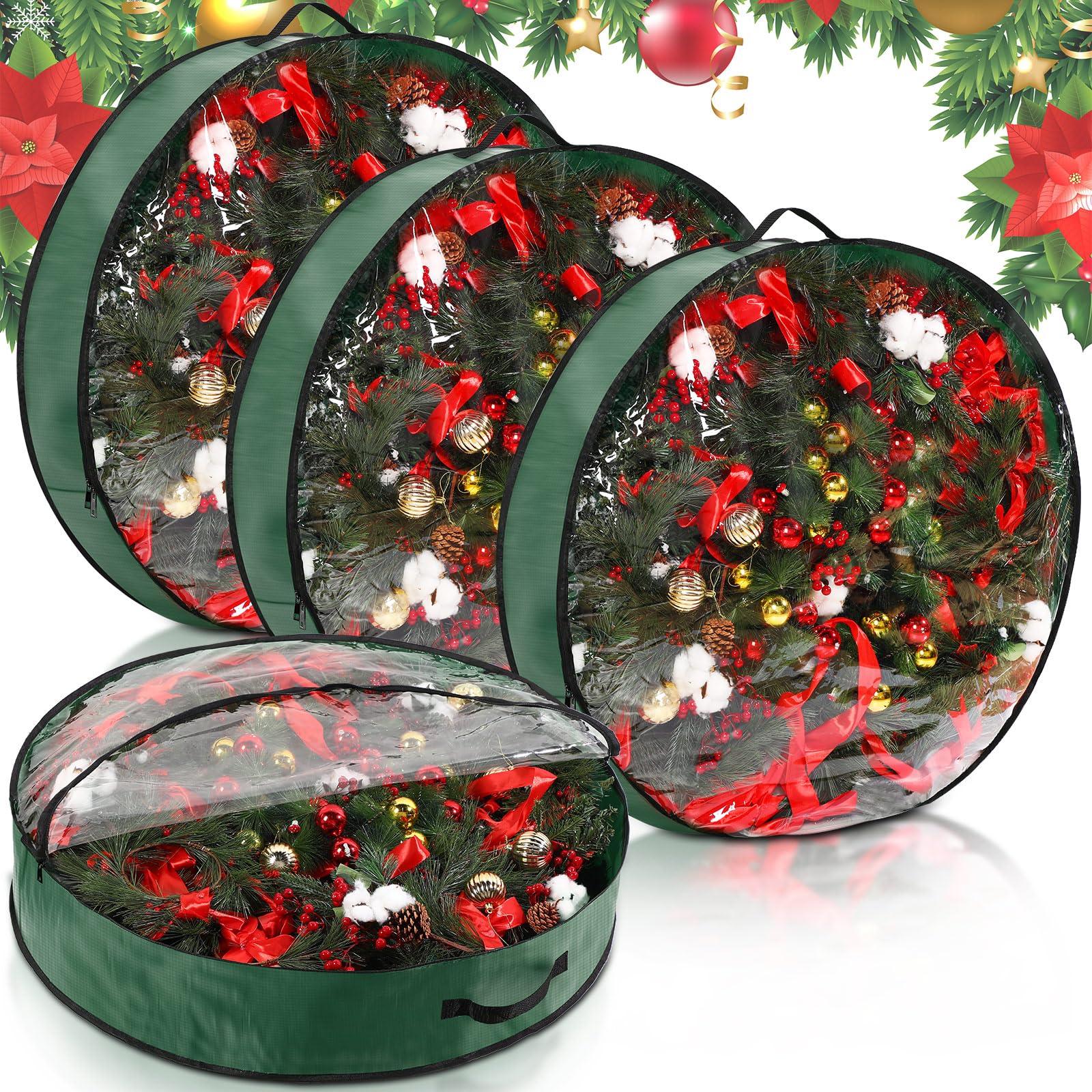 Photo 1 of Aliceset 4 Pcs Christmas Wreath Storage Bags Large Garland Holiday Wreath Storage Containers with Window and Handle Zipper for Holiday Seasonal Storage Wrapping(Green, 36 x 36 x 7.8 Inch)