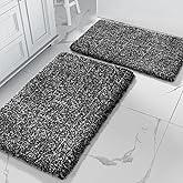Yimobra Bathroom Rug Set 2 Piece, Soft Absorbent Microfiber Bath Mat Set, Non Slip Machine Washable Dry, Plush Shaggy Shower Rugs for Bathroom Floor, 32"x20"+24"x17", Black and White