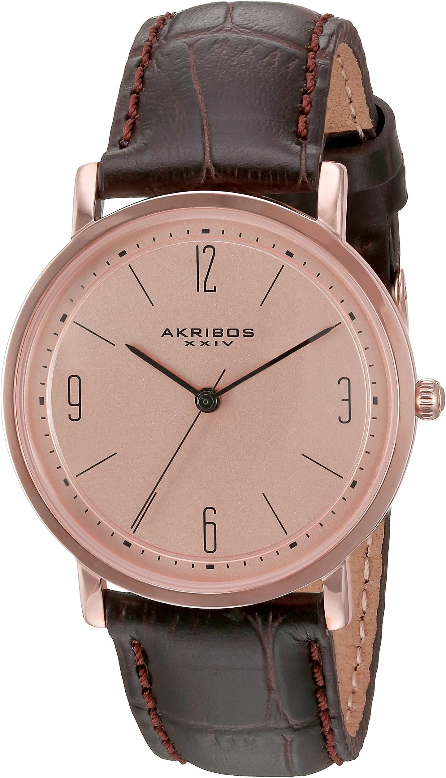 Akribos XXIVSlim Women's Watch - Classic Dress Watch Easy-to-Read Stick & Arabic Numeral Hour Markers Alligator On Embossed Genuine Leather Strap - AK922
