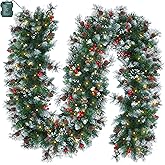 Brightown Christmas Garland with Lights, 9ft 100LED Battery Operated Garland Decorated with Pine Cones, Berry, 8 Light Modes & Timer, Indoor & Outdoor Christmas Lights for Stairs Fireplace Door Fences