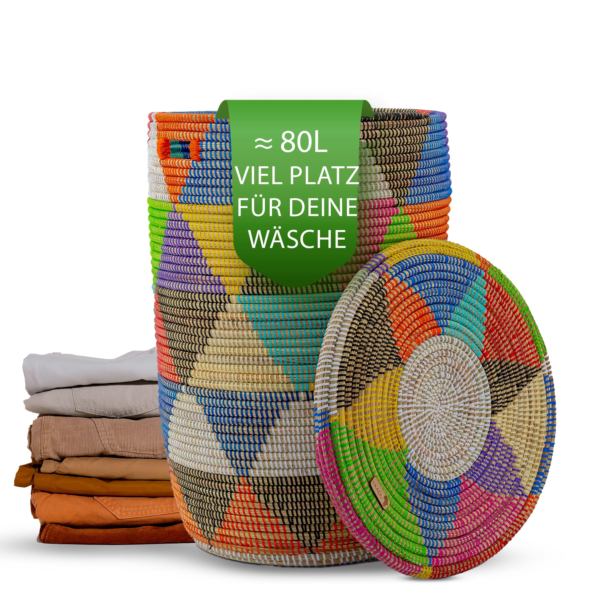 YAADU Wäschekorb mit Deckel 80L – Großer Wäschesammler mit Deckel, Geflochtene Wäschetonne, Boho Wäschekorb mit Henkeln, Wäschebehälter für Schmutzwäsche, Modell Khaliss (Bunte-Dreiecke-Flach)