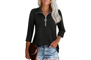 Vivilli Womens Tops Dressy Casual 3/4 Length Sleeve V Neck Shirts and Blouses Zipper Collar Women Polo Shirts