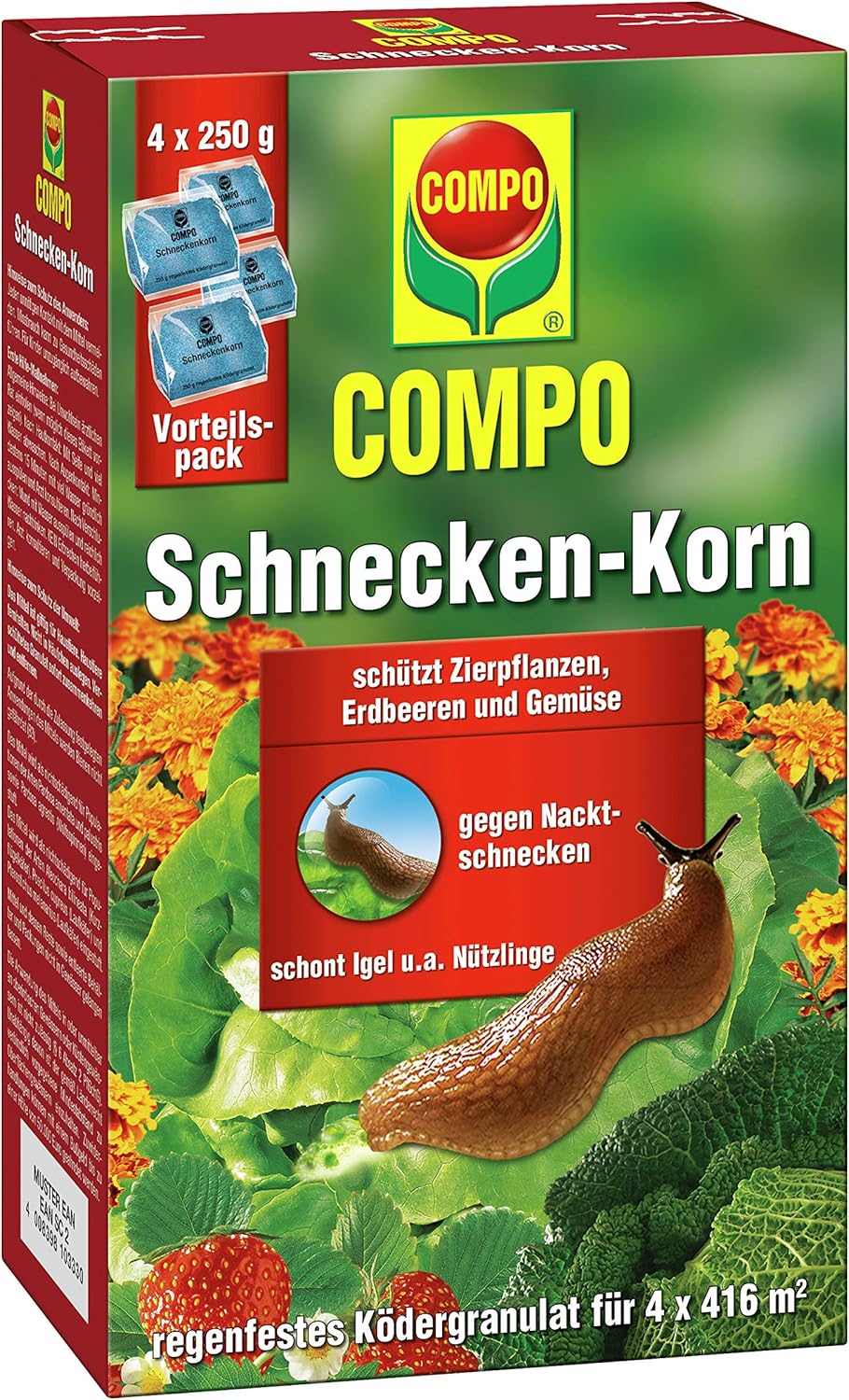 COMPO Schnecken-Korn, Streugranulat gegen Nacktschnecken im Vorteilspack, 4x250 g (4x416 m²)