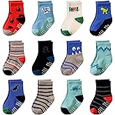 AMENLAN Toddler Non Slip Grips Socks Kids Anti Skid Baby Boys Girls Cotton Crew Socks 12 Pairs