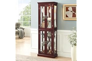 Anveffeg 70" Lighted Cherry Curio Cabinet with Tempered Glass Doors - Display Case for Collectibles, China & Antiques, Adjustable Shelves, Lockable, Mirror Back