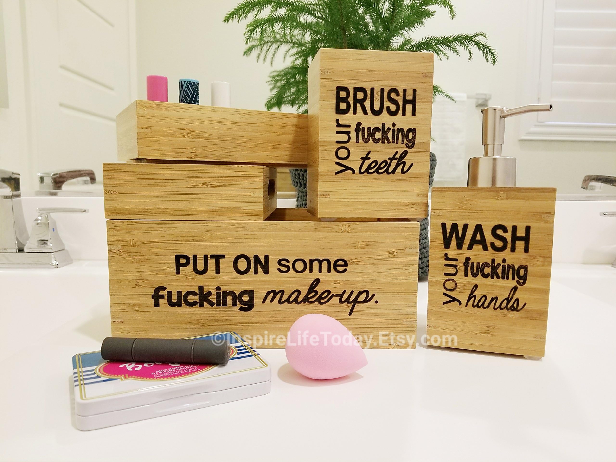 The "Fucking" Bathroom Set - Includes Engraved Bamboo 3pc Make-up Box Set, Soap Dispenser, & Toothbrush Holder