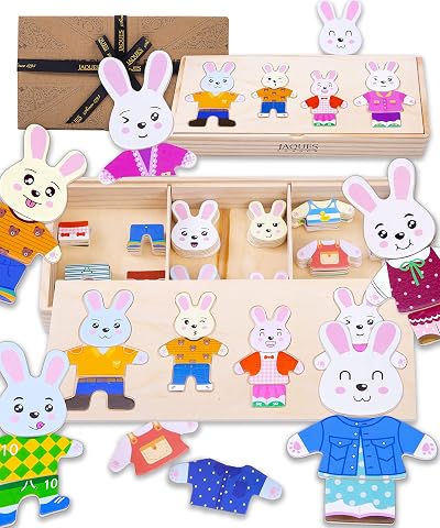 Jaques of London Safe Wooden Puzzle Rabbit Family Dress Up 72 outfits UKCA
