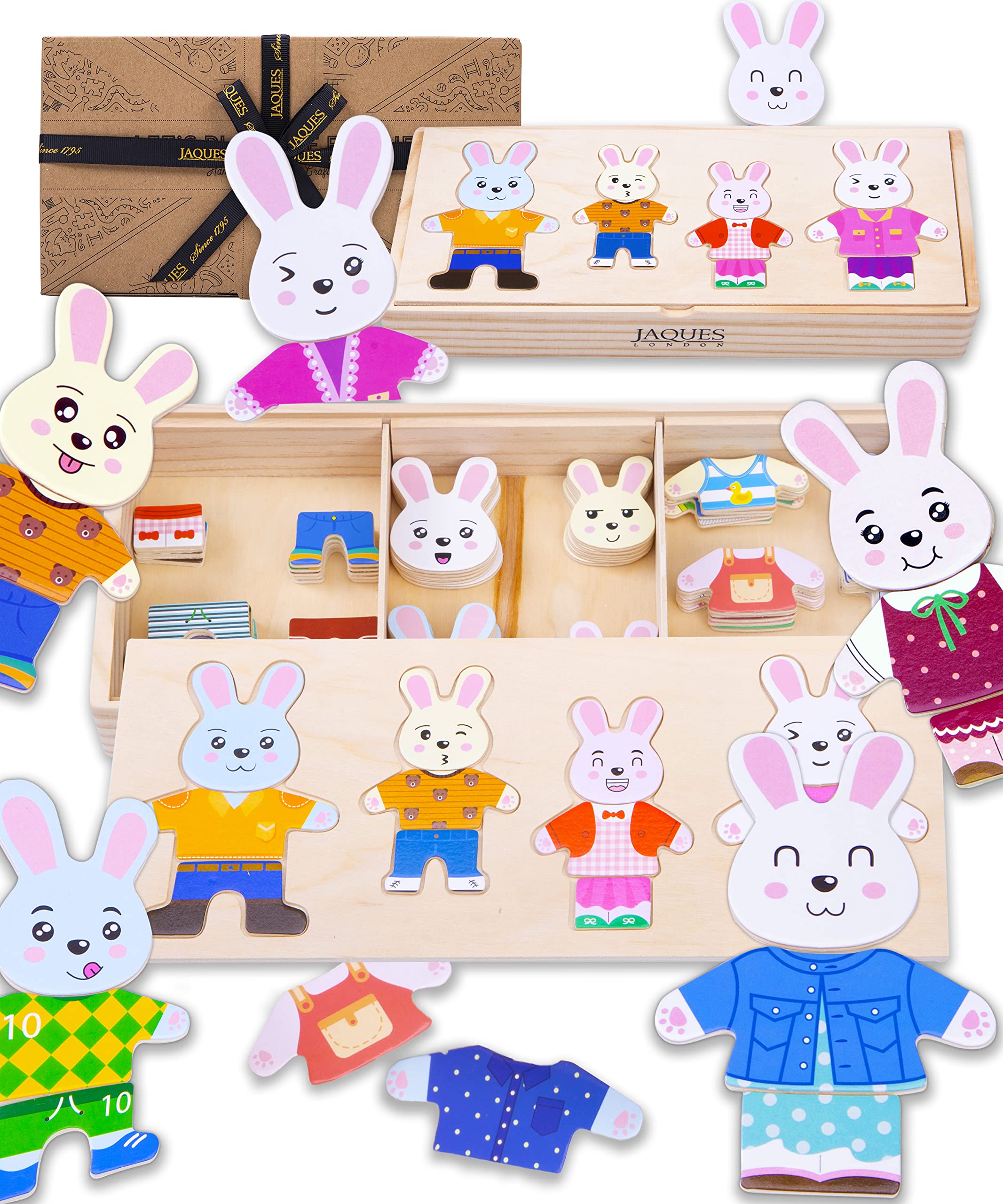 Safe Wooden Puzzle Rabbit Family Dress-Up | UKCA Tested Jigsaw for 3-5 Year Olds | Toddler Puzzles for Girls & Boys | Premium Wooden Animal Toys by Jaques of London