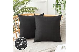 UGS UGASA UGASA Outdoor Throw Pillow Covers Pack of 2 Plaid Texture Waterproof Farmhouse Linen Decorative Square Cushion Pillows Covers for Patio Porch Outside Yard Garden Bench 18x18 Inch, Black