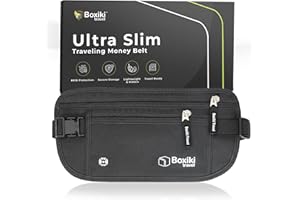 BOXIKI TRAVEL Money Belt for Travel with RFID Blocking Technology - Hidden Travel Money Pouch for Cash, Credit Cards, Passport, and Travel Valuables - Secure Water Resistant Money Belt for Men and Women - Black