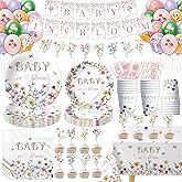 Srua Don Floral Baby Shower Decorations for Girl, Wild Flower Baby in Bloom Party Supplies, Paper Plate, Cup, Napkin, Tablecloth, Balloon, Cutlery, Garland Banner, Cupcake Toppers, Serves 24