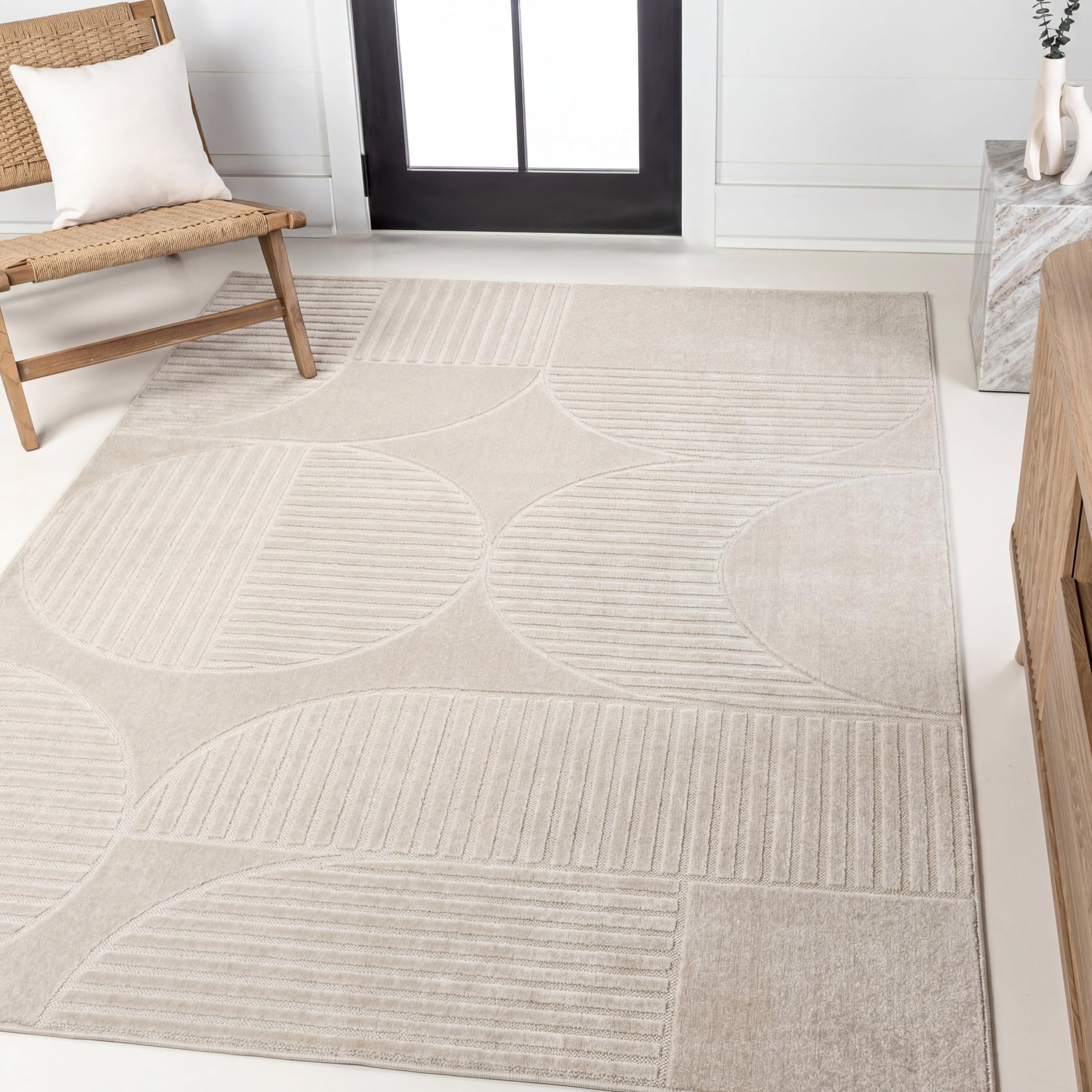 Photo 1 of ***MINOR DAMAGE ON THE BOTTOM SIDE, SELLING AS IS FINAL SALE***JONATHAN Y Nordby High-Low Arch Striped Ivory/Cream Indoor/Outdoor Area Rug, 12x18, Pet Friendly, Non-Shedding, Stain Resistant, Easy-Cleaning for Backyard, Patio (SCN104B-18)***MINOR DAMAGE O