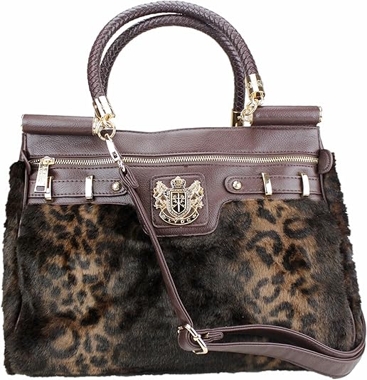 LYDC Women Designer Brown Leopard Animal Print Faux Fur Laptop Bag Ladies Leather Style Satchel