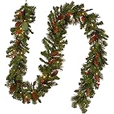 National Tree Company 9 ft Pre-Lit Crestwood Spruce Artificial Christmas Garland, Christmas Decoration with Glitter, Pinecones, Red Berries, 50 Warm White LED Lights, 180 Tips, Timer, Green