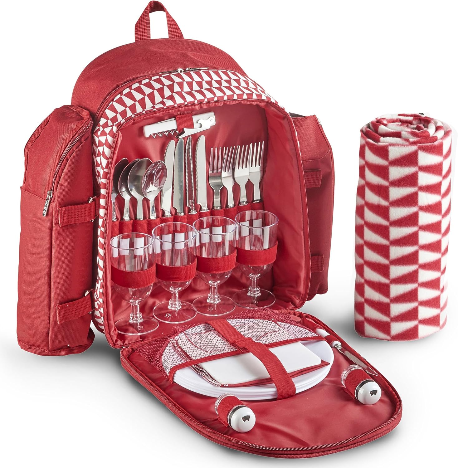 VonShef 4 Person Geo Red Picnic Backpack Bag With Blanket Includes 29