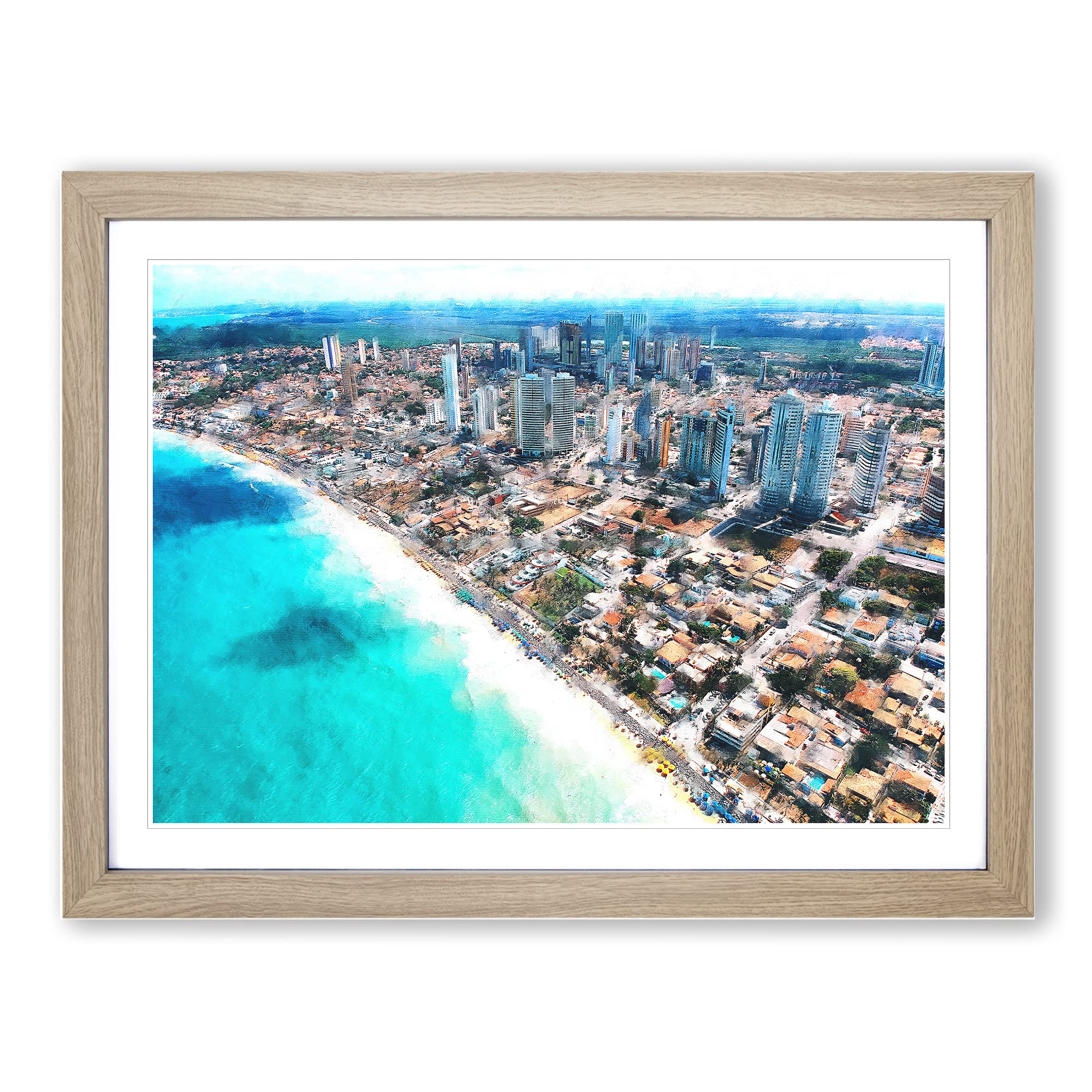 Skyline Of Ponta Negra In Brazil Painting Modern Art Framed Print | A3 Oak Framed Wall Art | Ready to Hang | Modern Cityscape Picture | Living Room Bedroom Lounge Office