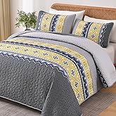WONGS BEDDING 3 Pieces Quilt Set King Size, Grey Yellow Quilt Bedspread Lightweight Bohemian Coverlet Set with 2 Pillowcase, Soft Geometry Printed Bedding Set King for All Season 104"×90"