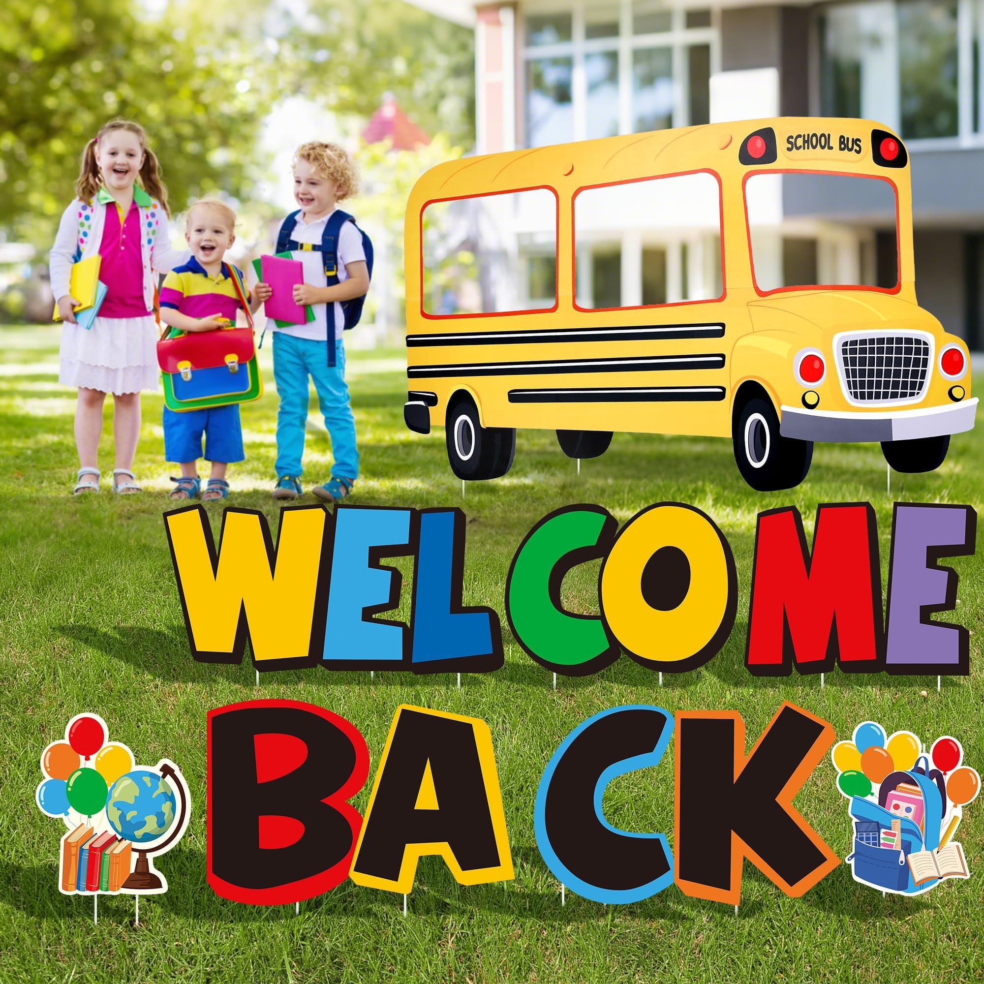 Photo 1 of Vivantia Extra Large Back to School Yard Signs with Stakes Welcome Back to School Decoration School Bus Photo Props First Day of School Lawn Cards Outdoor Garden Party Decorations, 8 Pieces