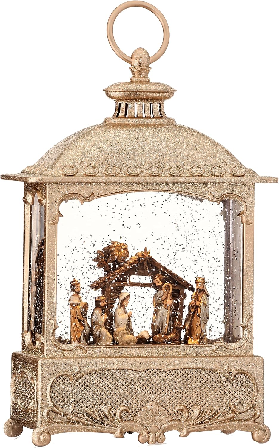 Snow Globes - Regency International Nativity Square Lantern Globe, 12 inches, Champagne Gold, Led Lights, USB or Battery Operated with Timer