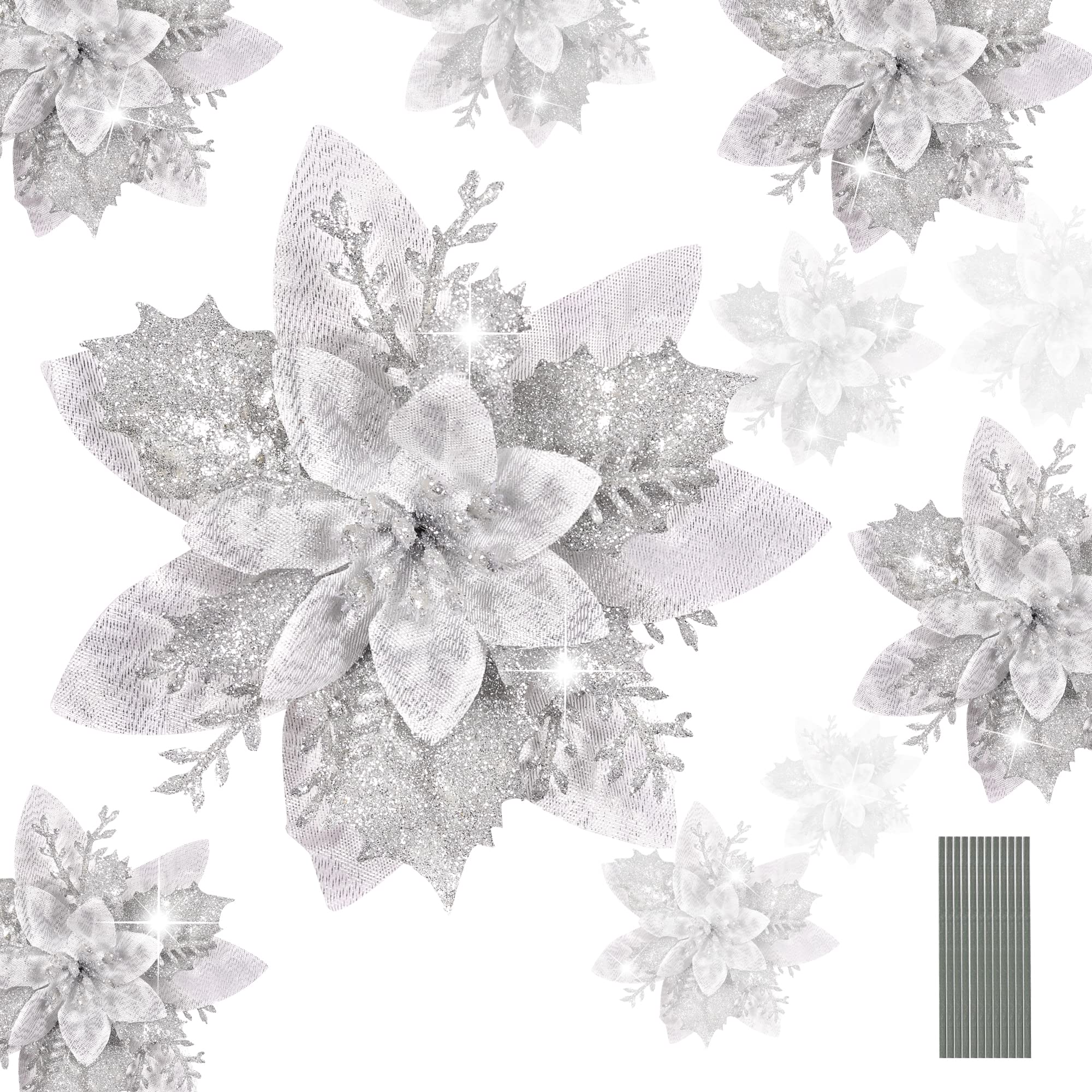 HCSSZ 12pcs Christmas Glitter Artificial Poinsettia Flowers with 12pcs Stems for Wedding Christmas Tree Faux Flowers New Year Ornaments Xmas Garland Wreath Decorations(Silver)