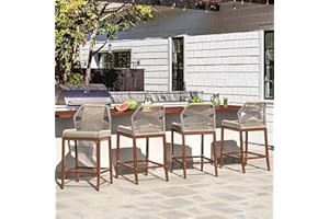 Cozyman Rattan Boho Counter Height Bar Stools Set of 4, 27.5" H Woven Rope Back Outdoor Barstools with Aluminum Legs for Patio Garden Outdoor Kitchen, Brown