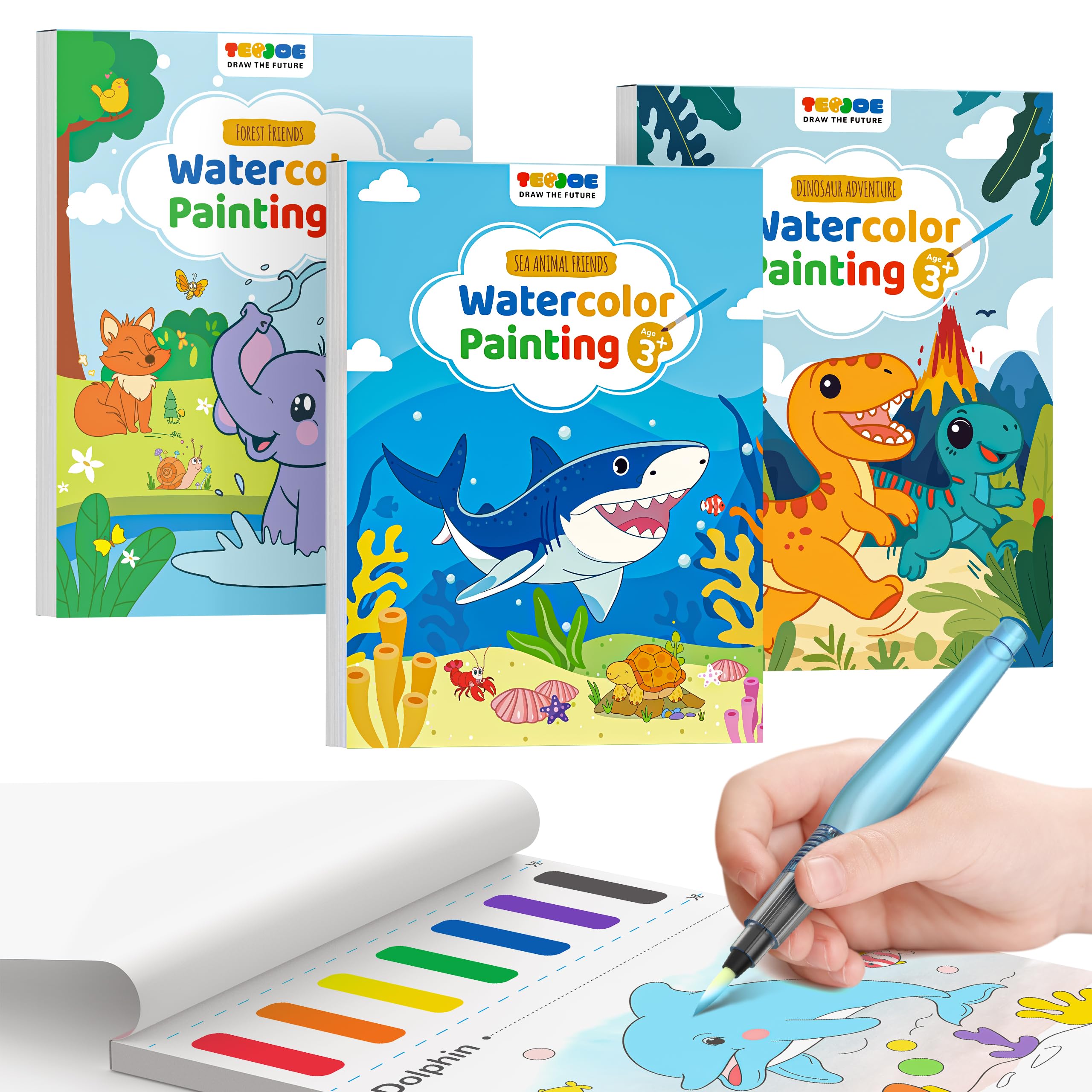 Photo 1 of TECJOE 3 Pack Paint With Water Coloring Books for Toddlers, Watercolor Paint Set with 6 Brushes, Painting Activity for Kids Ages 4 5 6 7 8, Christmas Gift arts & Crafts Toy, Dinosaurs, Forest & Sea