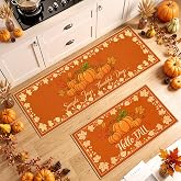 Acapet Fall Kitchen Rugs Set of 2, Hello Pumpkin Fall Mats for Floor | 17x29 + 17x47 Inch, Autumn Thanksgiving Harvest Decor, Non-Slip, Washable Runner Carpet for Bathroom Laundry Entryway
