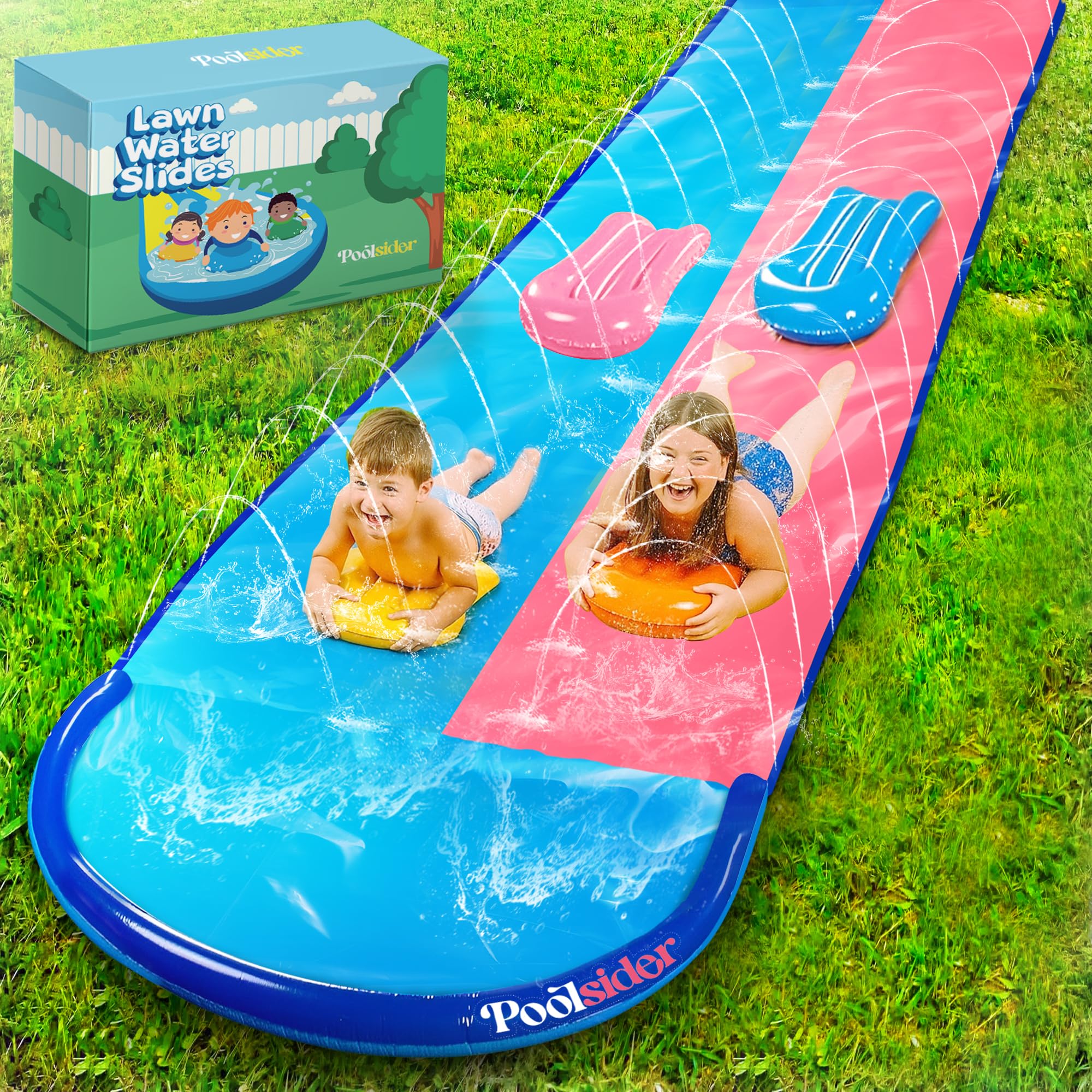 Photo 1 of POOLSIDER Premium Double Slip and Slide Water Slide - 32.5 Ft 2-Lanes Pink & Blue Slip N Slide with 2 Bodyboards | Durable & Advanced Design - Heavy Duty Water Slides for Kids Backyard