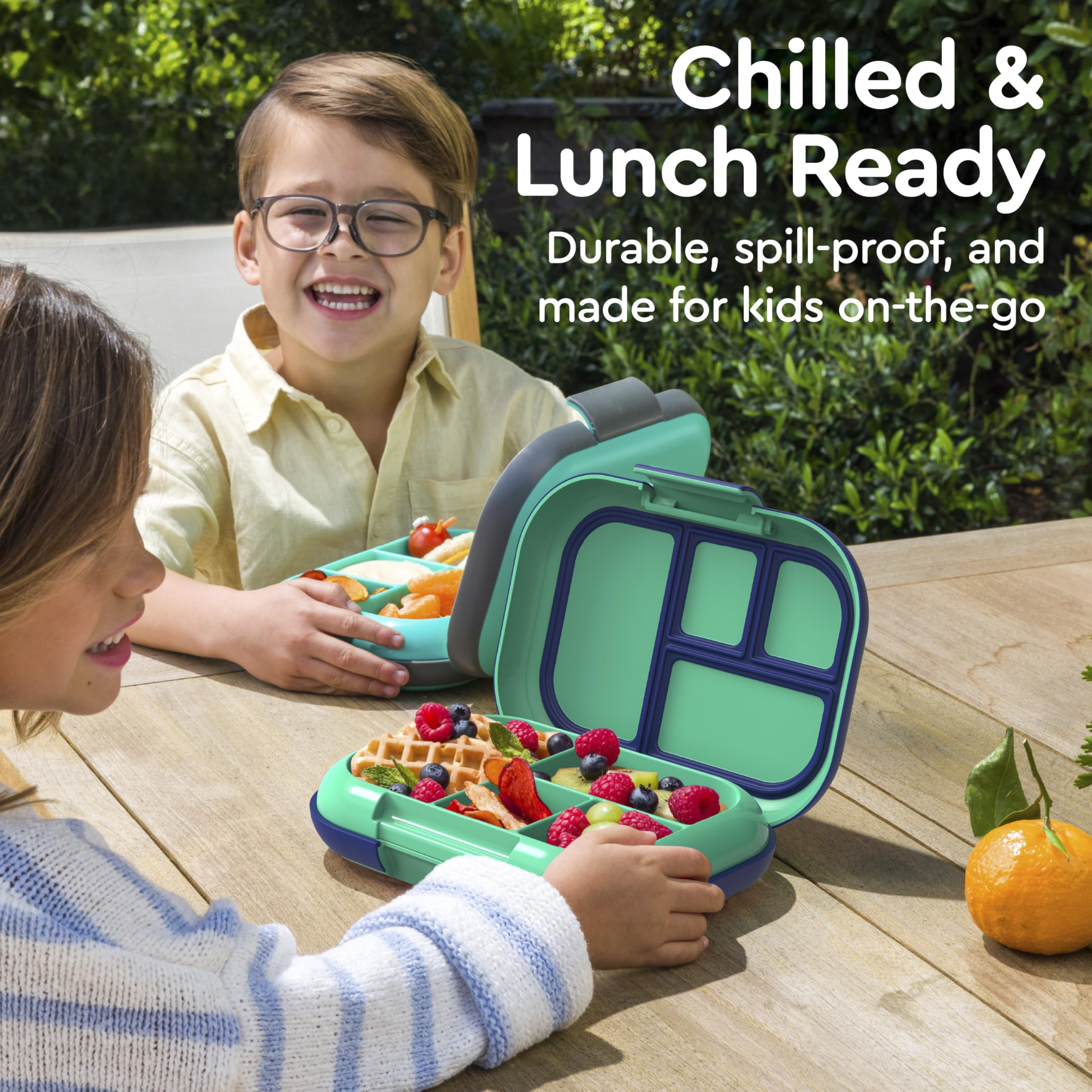 Bentgo Chill Kids Leak-Proof Lunch Box - 4-Compartment Bento Box with Built-In Ice Pack, 3.3 Cup Capacity, PFAS & BPA-Free, Microwave & Dishwasher Safe, Ideal Size for Ages 3 to 7 (Green/Navy)