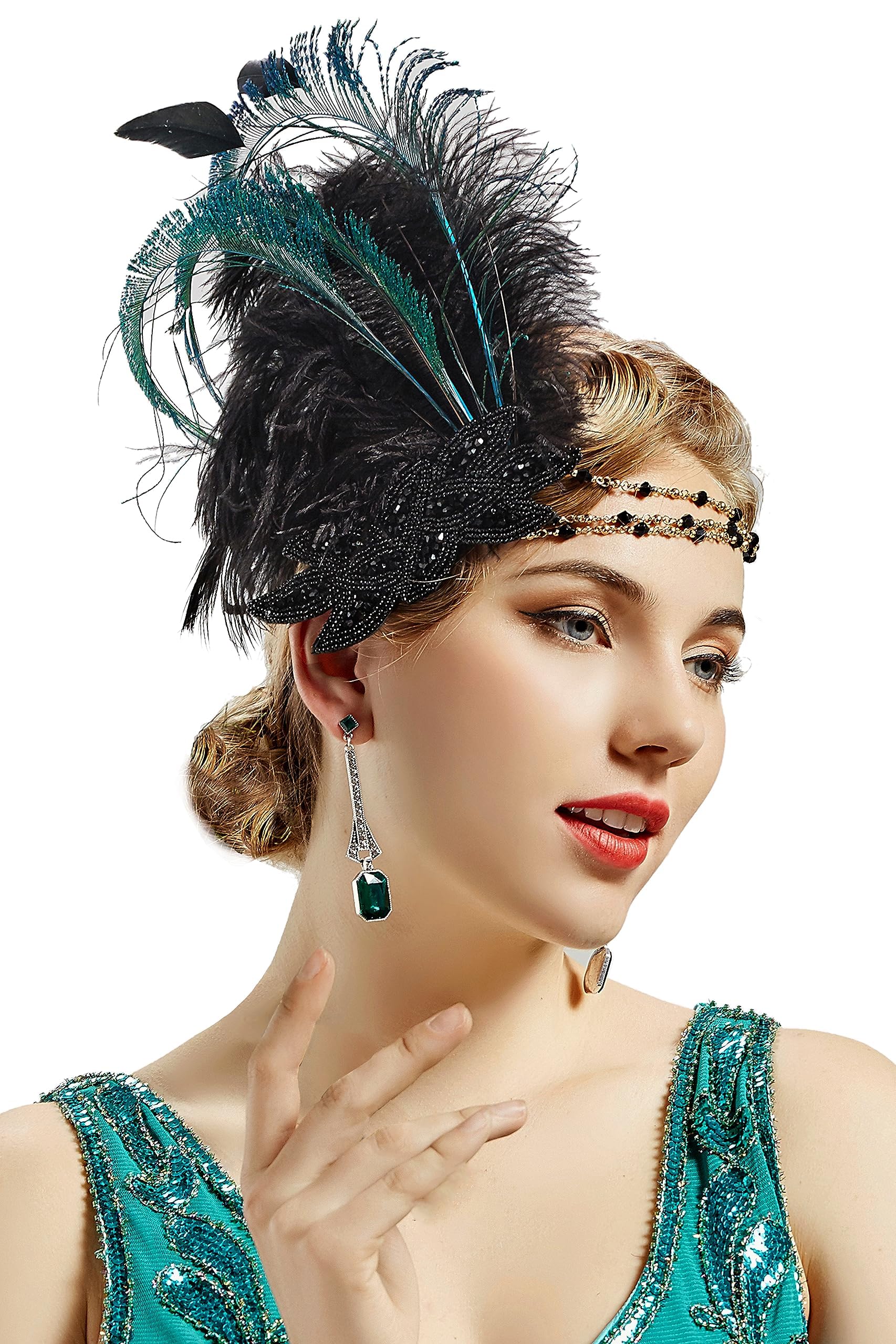 BABEYOND Feather Headpiece - 1920s Flapper Headband with Crystals - Great Gatsby Costume Accessory (Black)