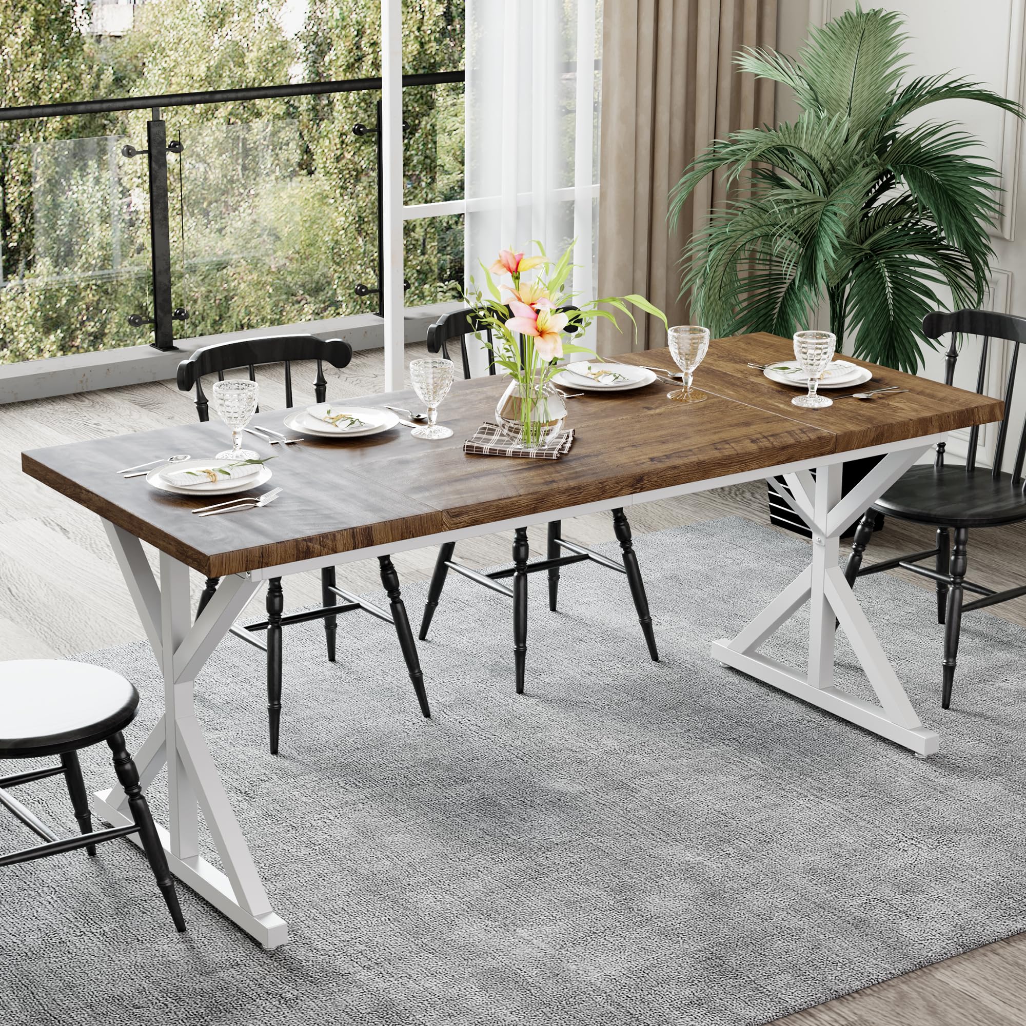 Photo 1 of AMICLIBER Farmhouse Dining Table for 6-8 People, 70.8 Inch Rectangular Wood Dining Table, Rustic Kitchen Table with Extra Heavy Duty Metal Legs for Dining Room - Rustic Oak/White