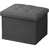 AmasSmile Storage Ottoman Folding Foot Rest Stool, 17 inches Linen Footstool Bench, Short Ottoman Bench, Storage Foot Rest Store, Books, Dark Grey