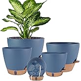 Self Watering Pots for Inoor Ourdoor Plants 10/9/8/7/6.5 Inch Plastic Planters with Drainage Holes & Water Level Indicator, Decorative House Flower Nursery Planting Pots with Saucers (Navy Blue)