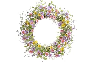 VioletEverGarden Spring Wreath 20 Inch Summer Wreaths for Front Door Artificial Daisy Wreath with Green Leaves and berry for Indoor Wall Window Home