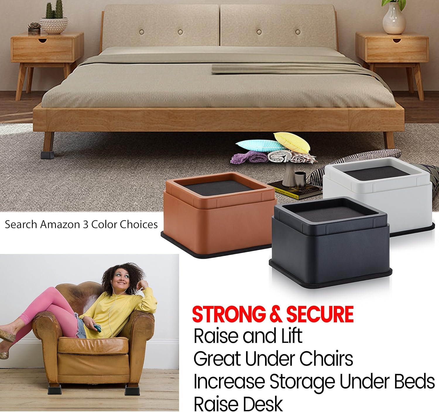 iPrimio Bed and Furniture Risers – Square Elevator up to 2” Per Riser and Lifts up to 10,000 LBs - Protect Floors and Surfaces – Durable ABS Plastic and Anti Slip Foam Grip – Stackable (4, Black): Home & Kitchen