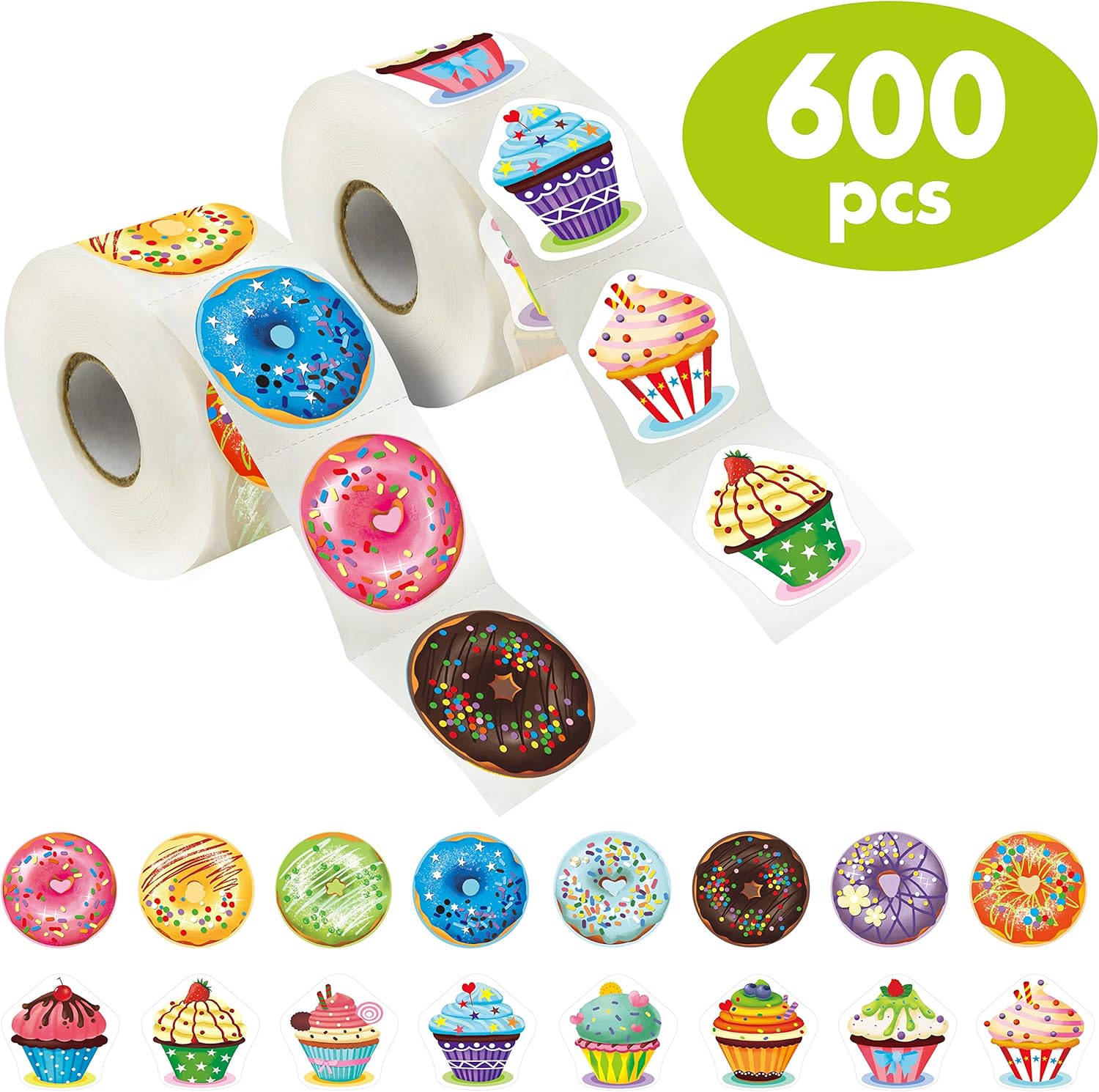 600 Pcs Cupcake Donut Party Decoration Teacher Reward Encouragement Motivational Sticker Mega Pack 16 Designs with Perforation Line (Each measures 1.5