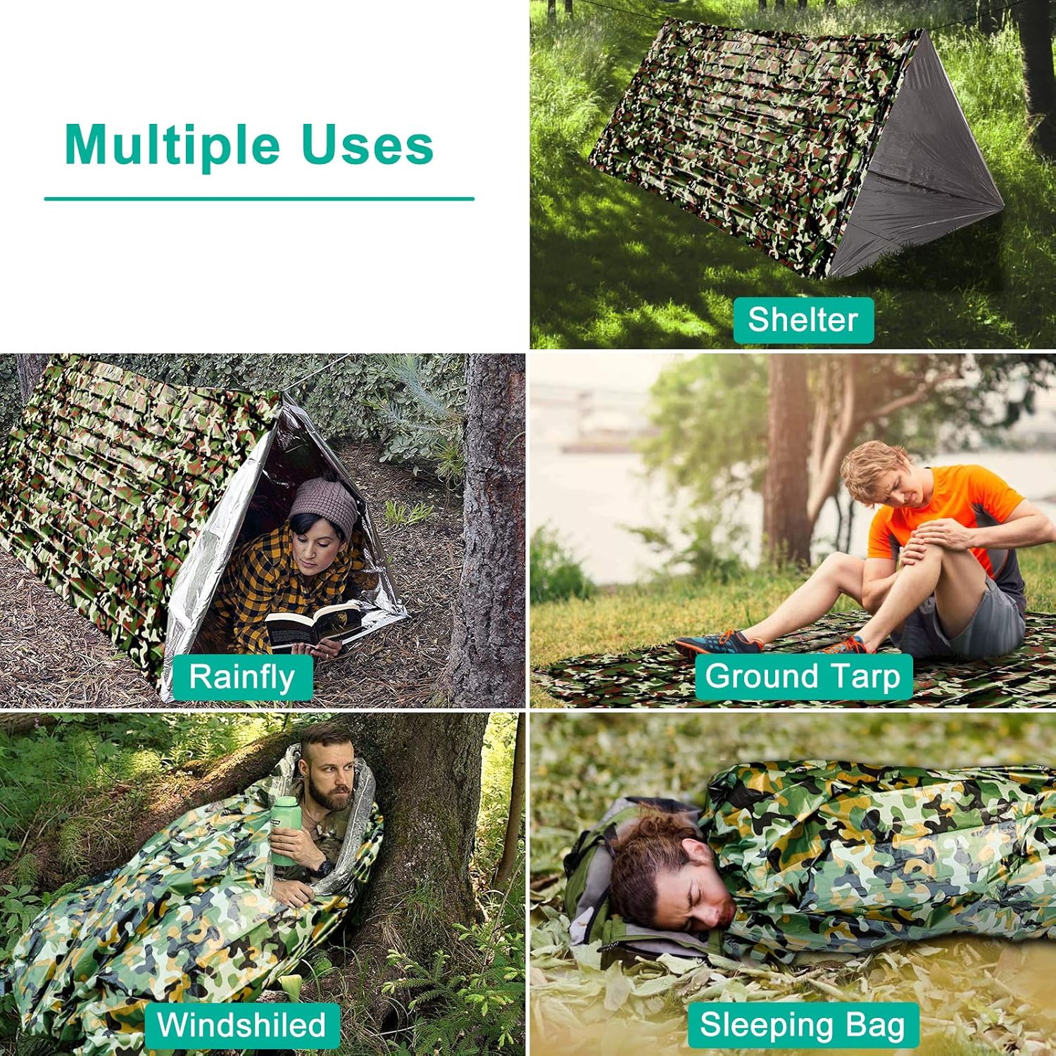 EEEKit 2Pack Emergency Sleeping Bag, Waterproof Lightweight Survival Bivy Sack, Thermal Emergency Shelter Compact Survival Blanket Bags with Survival Whistle for Outdoor Hiking Camping, Camouflage : Sports & Outdoors