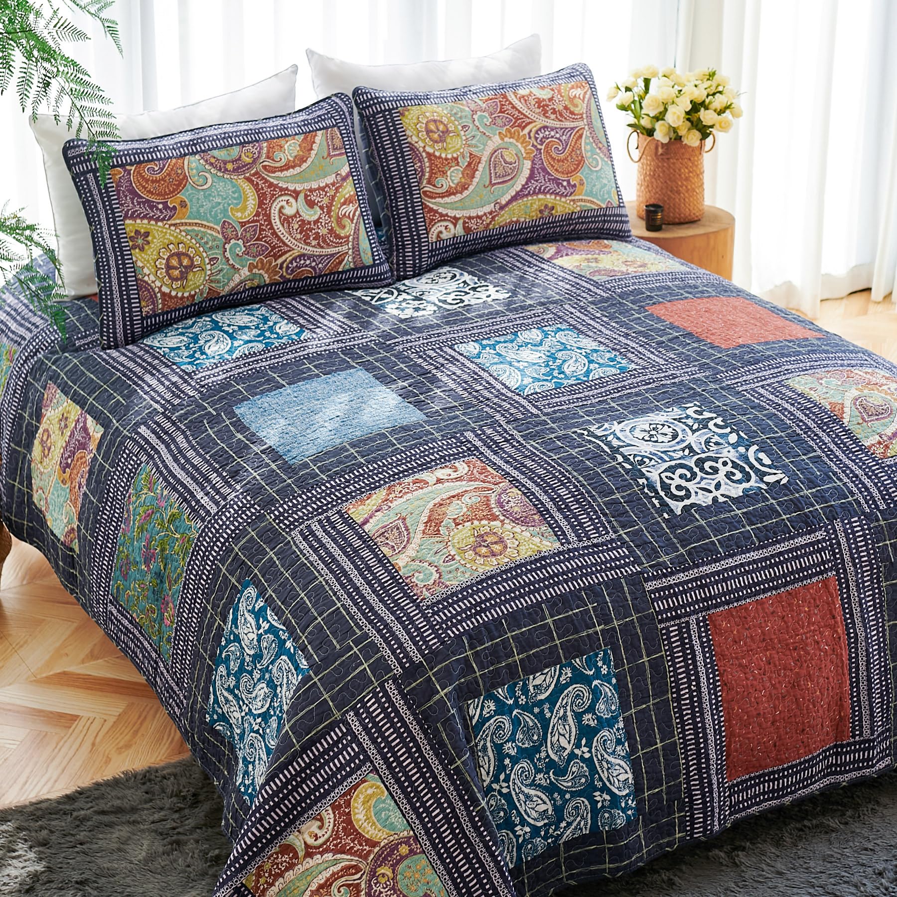 Photo 1 of ***SIMILAR***Secgo California King Quilt Size - 100% Cotton Oversized California Comforter Set Bedding Sets (120 * 110 Inch) with 2 Pillow Shams, Patchwork Reversible Lightweight Bedspread