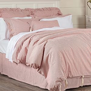 Piper Classics Farmhouse Ticking Stripe Duvet Cover Bedding, Red & Off-White, Queen 92x91, Comforter Cover w/Twill Ties, Soft, Comfortable, Farmhouse Bedroom Décor