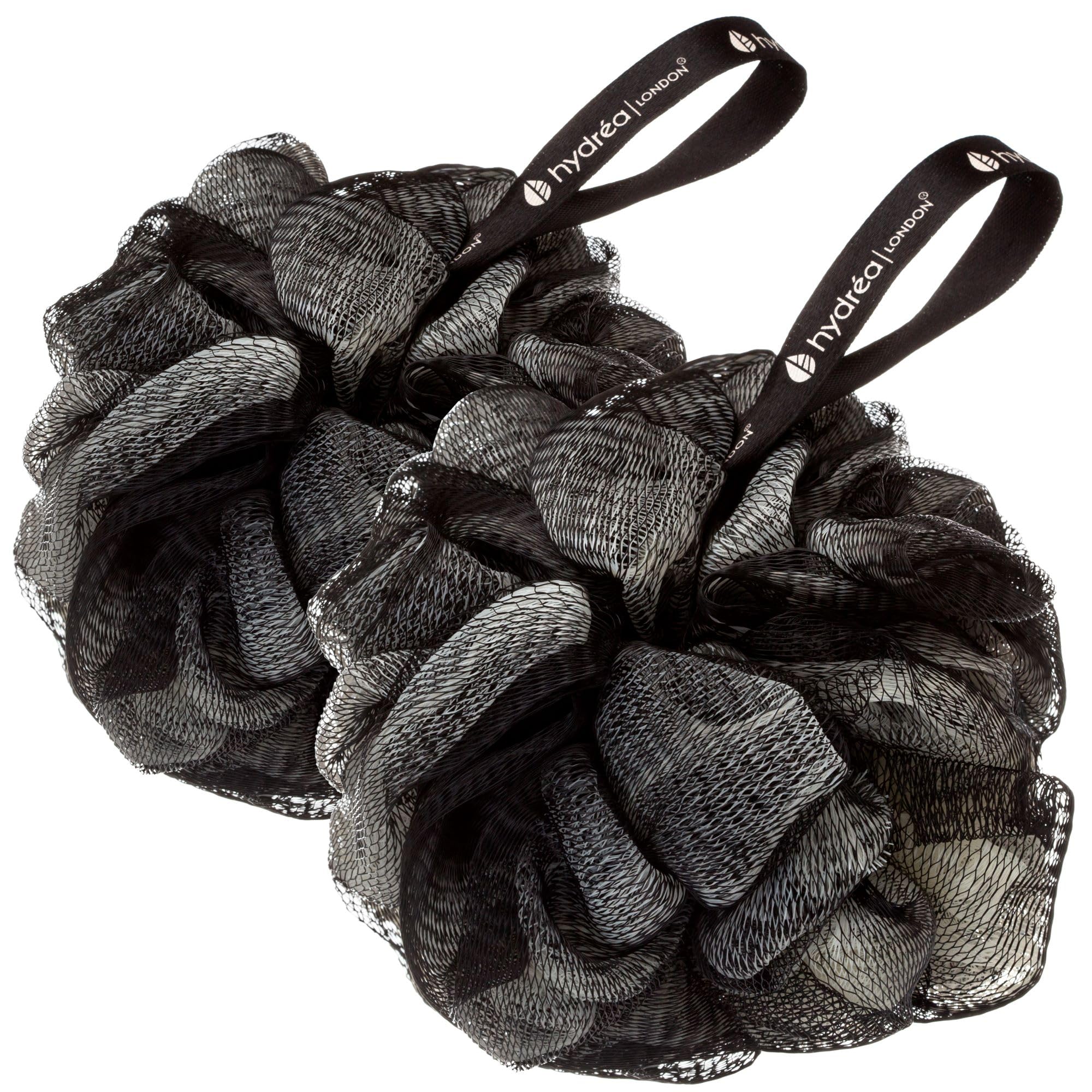 Hydrea London Shower Puffs - Pack of 2 Exfoliating Body Scrubber for Men & Women - Face & Body Cleansing Shower Scrub - Ultra-Soft, Large, & Vegan Bath Scrunchie - Bathing Buffers, Black & Cream