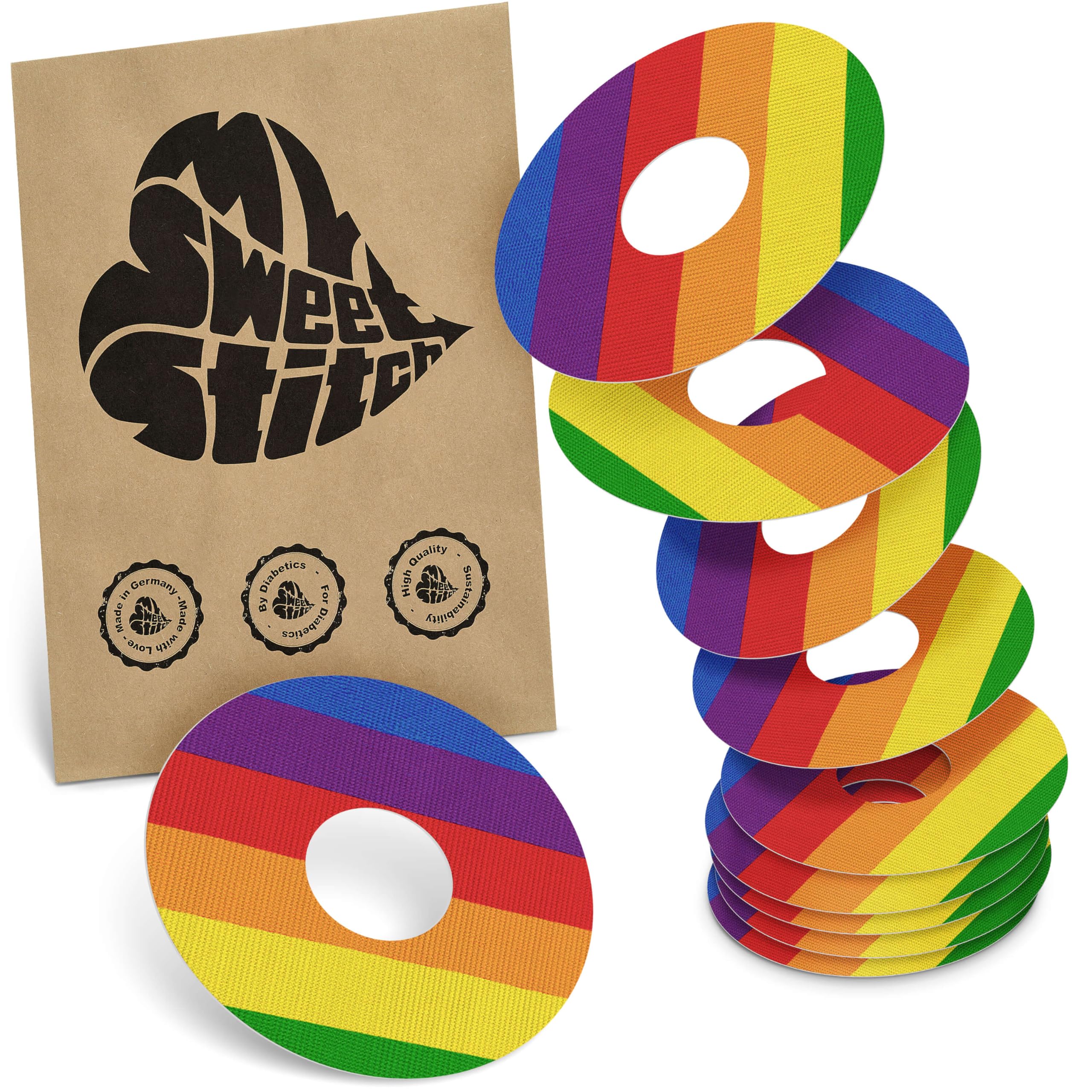 MySweetStitch - 10 x Freestyle Libre 3 Round Patches, Ring Patch Ø 60mm, Inner Ø 20mm, Waterproof, Breathable, Skin-Friendly, Made in Germany, Pride