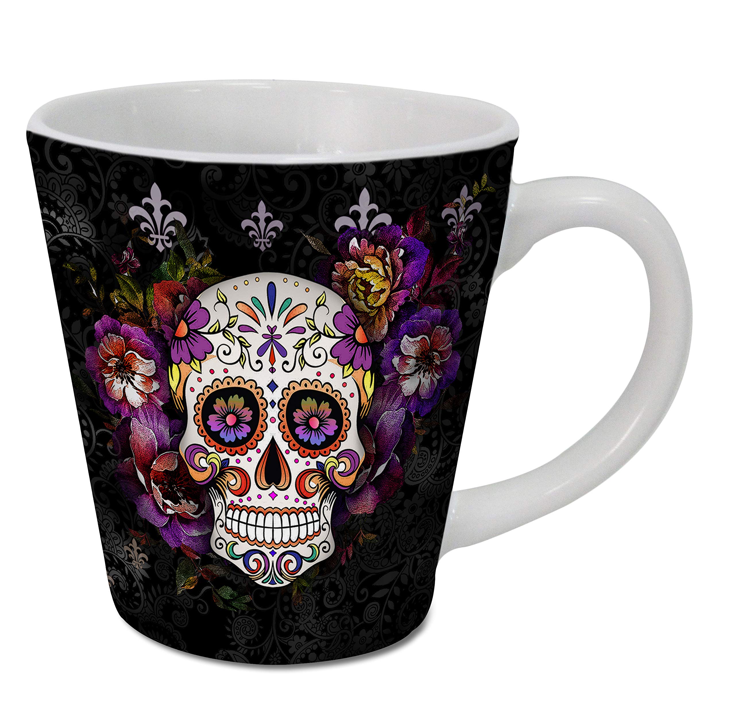Sweet GiseleSugar Skull Latte Mug, Floral Print Coffee Cup, Day of the Dead Design, Beautiful Vivid Colors, Great Novelty Gifts 11 Fl. Oz Latte Black