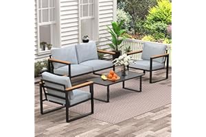 COMLAX FIELD Patio Furniture Set, 4 Pieces Outdoor Patio Furniture with Table Set, Metal Patio Conversation Sets with Washable and High-Resiliency Sponge Cushions, Light Grey