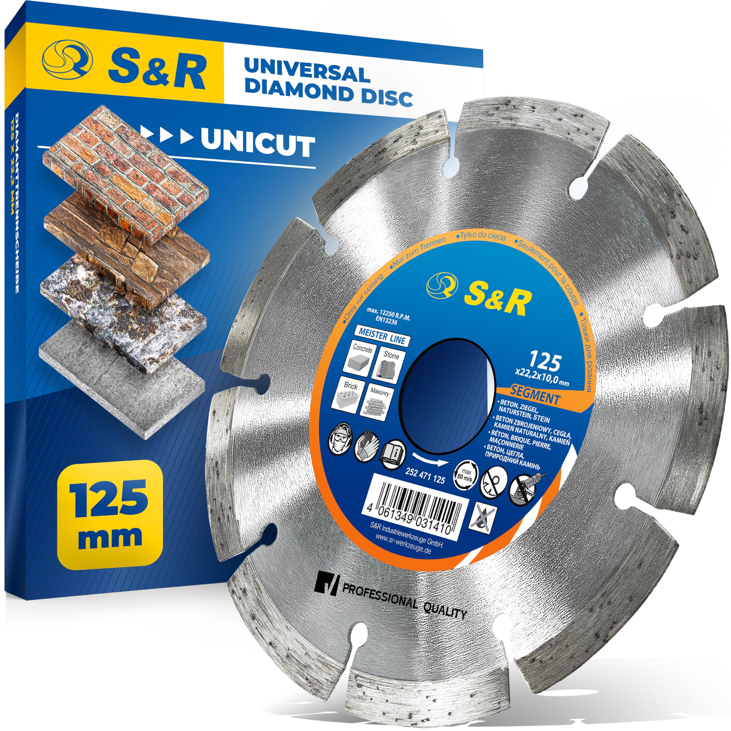 S&R Diamond Cutting Disc 125 x 22.2 mm Saw Blade for Angle Grinder universal use - Concrete, Stone, Brick, Masonry