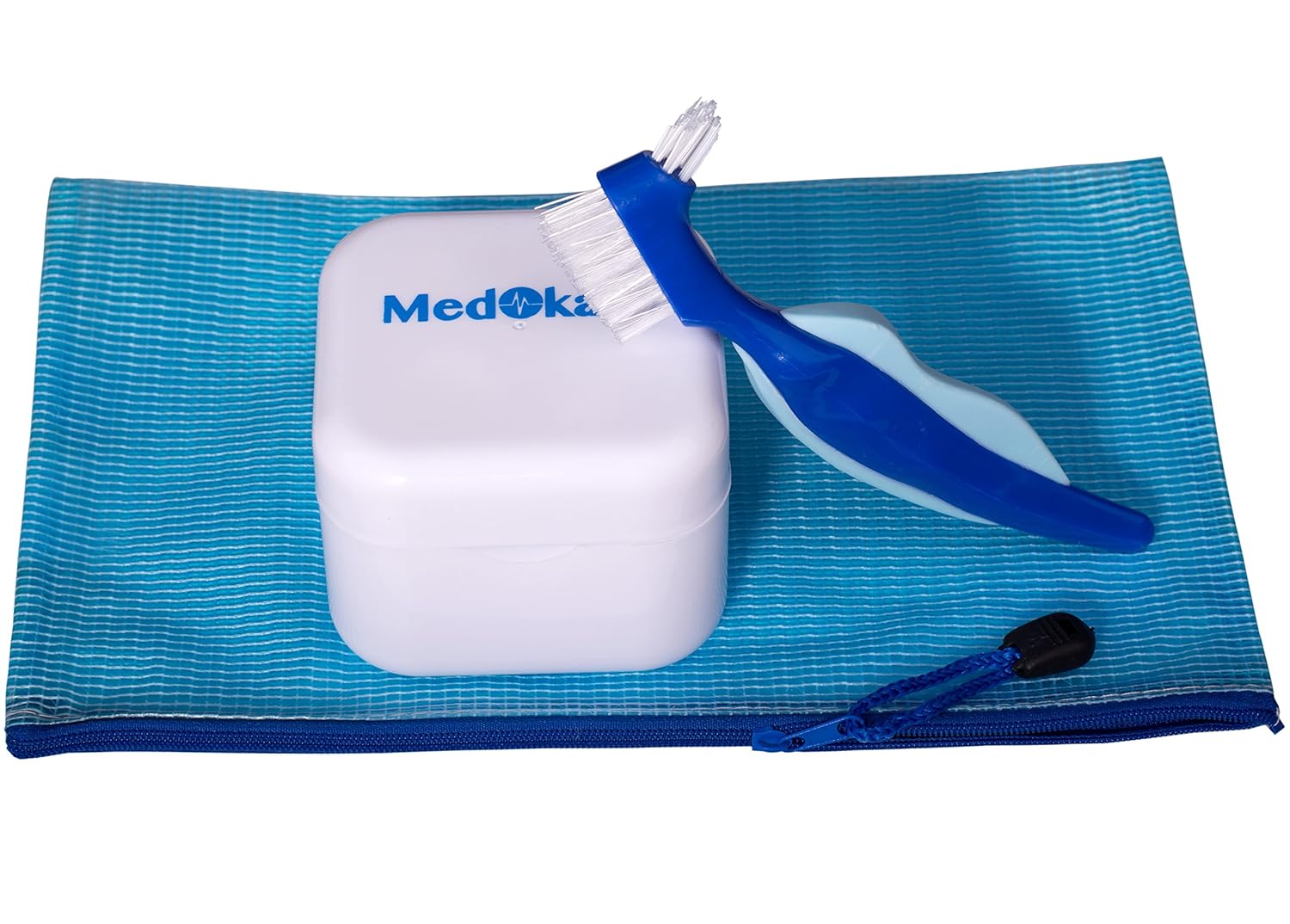Medokare Denture Case with Basket, Brush and Travel Zip Case, Denture Bath for Soaking False Teeth, Retainer Container Mouth Guard Box, Denture Cup for Night Guard Invisalign Cleaner, Dentures Box : Beauty